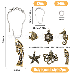 バスルーム用鉄製シャワーカーテンリング12個。  海をテーマにしたチベットスタイルの合金製ビッグペンダント12個付き。  ヒトデ＆フィッシュボーン＆タコ＆タツノオトシゴ＆カメの形  アンティークブロンズ·プラチナ  カーテンリング: 73.5x42.5x8mm  ペンダント：35~58x17~58.5x4~9mm  穴：2.5~4.5mm&nbsp;AJEW-FH0003-37AB