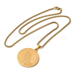 Плоские круглые подвески с молящимися руками из нержавеющей стали 201 для женщин и мужчин NJEW-F324-06G