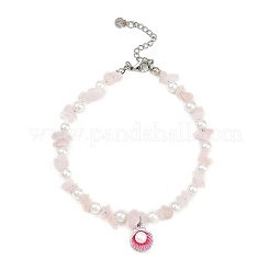 4 pièce 4 styles breloque en forme de coquillage en alliage émaillé perle de coquillage ronde blanche et quartz rose naturel et fleur amazonite et aigue-marine teinte et bracelets de cheville en perles d'améthyste&nbsp;AJEW-AN00734