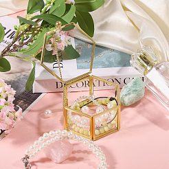 金色の金属フレーム付きガラス製ジュエリープレゼンテーションボックス  ネックレスの収納に  六角  透明  8.1x8.1x4.5cm&nbsp;CON-WH0133-014