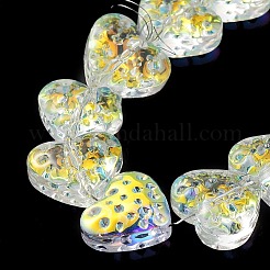 電気メッキ透明ガラスビーズ連売り  ABカラーメッキ  ハート  きいろ  13x15mm  穴：1.2mm  約50個/連  25.59''（65センチメートル）&nbsp;EGLA-R114-02A-AB02