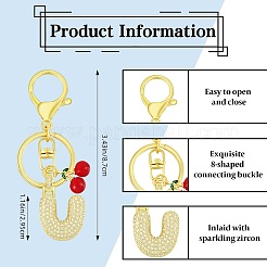 Porte-clés pendentif lettre en laiton micro pavé de zircons cubiques transparents&nbsp;KEYC-SW00015-U