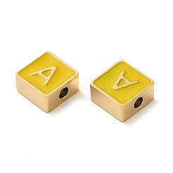 304ステンレススチールエナメルビーズ  14KGP本金メッキ  文字のある正方形  文字a  8x8x4mm  穴：2mm&nbsp;STAS-L022-293G-A