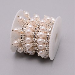 真鍮と腹筋の模造真珠とラインストーンのカップチェーン  鉄と  スプールで  銀  20x8mm&nbsp;CHC-WH0007-02