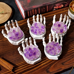 ハロウィーンテーマの天然アメジストクラスター、樹脂製スケルトンハンド  置物 ホームオフィス装飾  ホワイト  60x55mm&nbsp;PW-WG84B0A-01