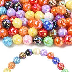 UVメッキ不透明アクリルビーズ100個。  虹色の  ラウンド  多面カット  ミックスカラー  15mm  穴：3mm&nbsp;MACR-CJ0002-48