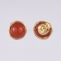 ナチュラルレッドアゲート/カーネリアン丸玉スタッドピアス  アクリルパールのピアスキャッチ付き  金メッキ 304 ステンレススチール スタッド イヤリング金具とイヤーナット  10~10.5mm  ピン：0.6mm&nbsp;EJEW-JE03980-02