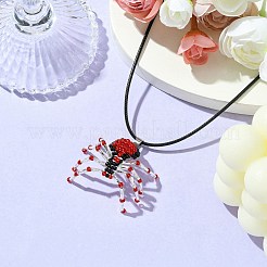 編み込みガラスシードビーズスパイダーペンダントネックレス  女性用ワックスコットンコードネックレス  レッド  19.69インチ（50cm）&nbsp;NJEW-MZ00036-04