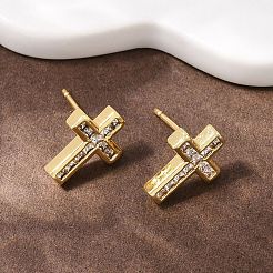 Серьги-гвоздики в форме креста с микропаве из прозрачных кубических цирконий из латуни&nbsp;EJEW-F400-22B-G