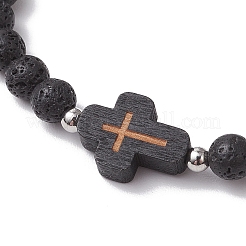 Крест натуральные бусины из лавы и деревянные круглые бусины эластичные браслеты для мужчин и женщин BJEW-JB11832-01