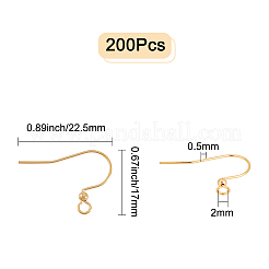 200個の真鍮ピアスフック  水平ループとビーズ付き  長持ちメッキ  18KGP本金メッキ  17x22.5x0.5mm  穴：2mm  24ゲージ  ピン：0.5mm  200個/箱&nbsp;KK-CN0001-34