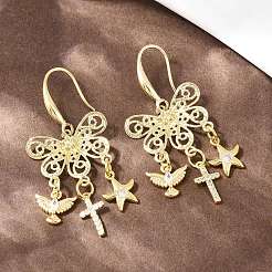Серьги-подвески из латуни с прозрачными кубическими циркониями и крестом в виде птицы и морской звезды.&nbsp;EJEW-H182-01G