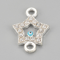 Alloy Rhinestone Links connectors, Cadmium Free & Lead Free, Star with Evil Eye, Sky Blue, Silver Color Plated, 19x13.5x2mm, Hole: 2mm