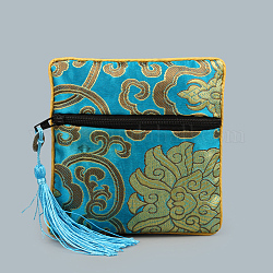 Sacchetti con cerniera in tessuto quadrato in stile cinese, con nappe di colore casuale e motivo di nuvole di buon auspicio, cielo blu profondo, 12~13x12~13cm