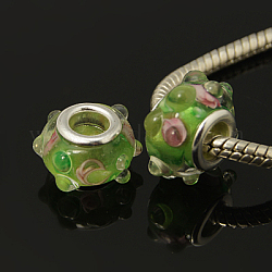 Handmade Lampwork European Beads, with Silver Plated Brass Double Cores, Rondelle, Light Green, 13x8mm, Hole: 5mm