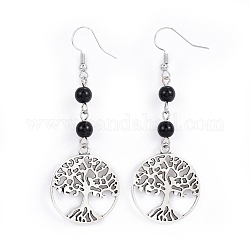 Tibetan Style Alloy Dangle Earrings, with Natural Black Agate Beads and Iron Earring Hooks, Flat Round with Tree of Life, 71.5mm, Pin: 0.6mm
