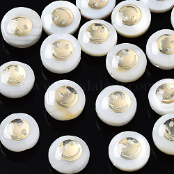Perles de coquille d'eau douce, métal doré enlaça, plat rond avec un visage souriant, blanc, 8.5x3.5~5mm, Trou: 0.8mm