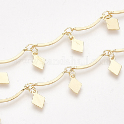 Handmade Brass Scalloped Bar Chains, with Rhombus Charm and Spool, Soldered, Nickel Free, Real 18K Gold Plated, 15x2.5x1mm, about 32.8 Feet(10m)/roll