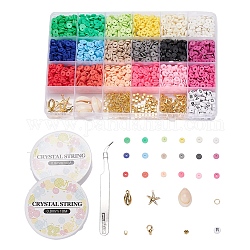 DIY Summer Style Jewelry Set Kits, Including 18 Colors Handmade Polymer Clay Heishi Beads, Cowrie Shell & Acrylic Beads, Zinc Alloy Lobster Claw Clasps, Alloy Pendants, Elastic Crystal Thread, Mixed Color, 6x1mm, Hole: 2mm