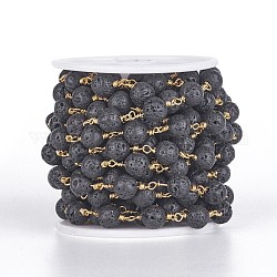 Handgefertigte Perlenketten aus natürlichem Lavastein, ungeschweißte, mit Messing-Zubehör, mit Spule, Runde, golden, 6 mm, ca. 32.8 Fuß (10m)/Rolle