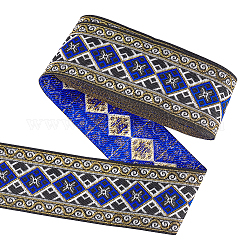 Rubans de polyester de broderie de style ethnique, ruban jacquard, Accessoires de vêtement, motif losange, bleu, 2 pouce (50 mm), environ 7.66 yards (7m)/paquet