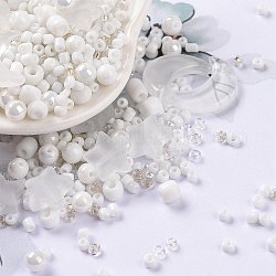 Kit de búsqueda de fabricación de joyas de diy, cuentas de vidrio y semillas, ronda y estrella y luna, blanco, 2~16x2~12x3~7mm, agujero: 0.8~1.2 mm