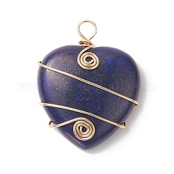 Pendenti avvolti in filo di rame lapislazzuli naturale, charms cuore, oro chiaro, 37.5~39x31~31.5x9~9.5mm, Foro: 4.5 mm