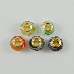 Glass European Beads, with Golden Plated Brass Double Cores, Faceted, Rondelle, Mixed Color, 14x9mm, Hole: 5mm