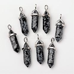 Pendentifs pointus à double extrémité en obsidienne flocon de neige naturelle, avec pendentif en alliage aléatoire, balle, platine, 37~40x12mm, Trou: 3mm