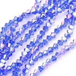 Filo di perline in vetro, ab colore placcato, sfaccettato, bicono, dodger blu, 4x4mm, Foro: 1 mm, circa 92~96pcs/filo, 13.78~14.37 pollice