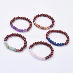 Frosted Mixed Gemstone Stretch Bracelets, with Wood  & 304 Stainless Steel Findings, Burlap Packing, 2 inch(52mm)