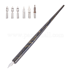 Stainless Steel Dip Pen, with Wooden Pen Stick & 6 Kinds of Stainless Steel Nibs, Black, Pen: 183x10mm, Stainless Steel Nibs: 17~39x6.5~8x2~5mm, 6pcs