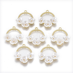 Pendente in lega, con perla in plastica imitazione abs, Anello con fiore, oro chiaro, bianco crema, 28x25~26x5mm, Foro: 2 mm