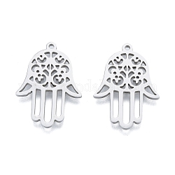 201 Stainless Steel Pendant, Hollow Charms, Hamsa Hand/Hand of Miriam with Flower, Stainless Steel Color, 27x19x1.5mm, Hole: 1.4mm