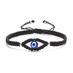 Bracelet de perles tressées mauvais œil au chalumeau, bracelet réglable pour femme, noir, diamètre intérieur: 2-1/8~3-3/8 pouce (5.5~8.7 cm)