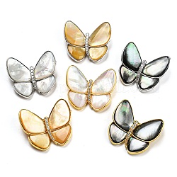 Broches shell, Épingles papillon en laiton avec strass en forme de cœur pour femmes, couleur mixte, 32x36x9mm, Trou: 5x3mm
