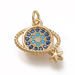 Brass Micro  Pave Cubic Zirconia Pendants, with Jump Rings, Planet, Blue, Real 18K Gold Plated, 15.5x16x3mm, Jump Ring: 5x1mm, 3mm Inner Diameter