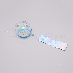 Japanese Round Painting Glass Wind Chimes, with Polyester Cord, Plastic Beads, Rectangle Paper Card, Sun Pattern, 400mm