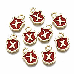 Alloy Enamel Charms, Cadmium Free & Lead Free, Shield with Initial Letters, Light Gold, Letter.X, 14x10x2mm, Hole: 2mm