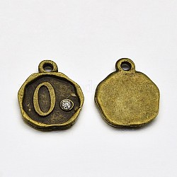 Antike Bronze überzogene Legierung Rhinestone-Charme, flach rund mit num. 0, Nickelfrei, 13x10x1.5 mm, Bohrung: 1 mm
