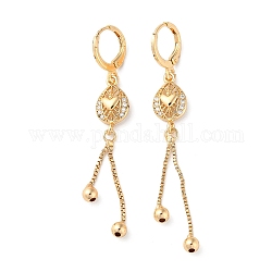 Rhinestone Heart Leverback Earrings, Brass Chains Tassel Earrings for Women, Light Gold, 58~62x9mm