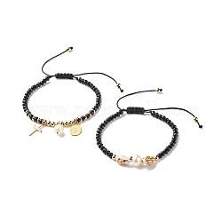 Bracelets de perles tressées de malaisie naturelle et de perles et de coquillages pour les femmes adolescentes, croix & ovales 304 bracelets acier inoxydable, or, noir, diamètre intérieur: 2-1/8 pouce (5.4~9 cm), 2 pièces / kit
