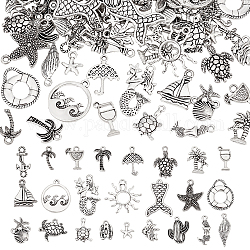 96 pièces 24 pendentifs en alliage de style tibétain à thème océanique, formes mixtes, argent antique, 12.5~25x9~27x2~4mm, Trou: 1.5~2mm, 4 pièces / style
