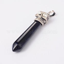 Hexagon Alloy Gemstone Point Big Pendants, Antique Silver, with Rhinestone, Synthetic Blue Goldstone, 62x13mm, Hole: 8x4mm