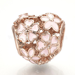 Perline europeo smalto in lega, perline con foro grande, cuore vuoto, oro roso, rosa nebbiosa, 11x11.5x10mm, Foro: 5 mm