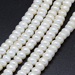 Hebras de perlas de agua dulce cultivadas naturales, rerondana plana, blanco, 7~8x4~5mm, agujero: 0.8 mm, aproximamente 82 pcs / cadena, 14.9 pulgada (38 cm)