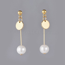 Glass Pearl Beads Dangle Stud Earrings, with 304 Stainless Steel & Brass Findings, Ear Nuts, Golden, 36mm, Pin: 0.8mm