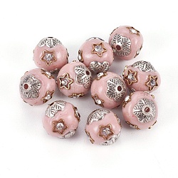 Manuell Indonesiene Perlen, mit Aluminiumkerne, Oval, Antik Silber Farbe, rosa, 12.5x11 mm, Bohrung: 1.5 mm