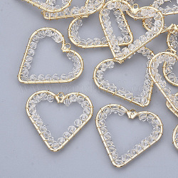 Glass Pendants, Wire Wrapped Pendants, with Real 18K Gold Plated Brass Wires and Open Back Bezel Pendants, Wire Wrapped Pendants, Nickel Free, Heart, Clear, 28x30x3mm, Hole: 1.8mm