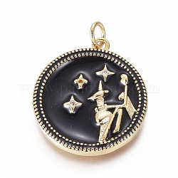 Brass Micro Pave Cubic Zirconia Pendants, with Enamel and Jump Ring, Flat Round with Constellations, Golden, Leo, 23x21x2.5mm, Hole: 3mm